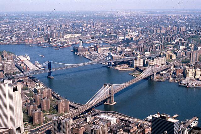 Manhattan and Brooklyn bridges on the East River New York City 1981